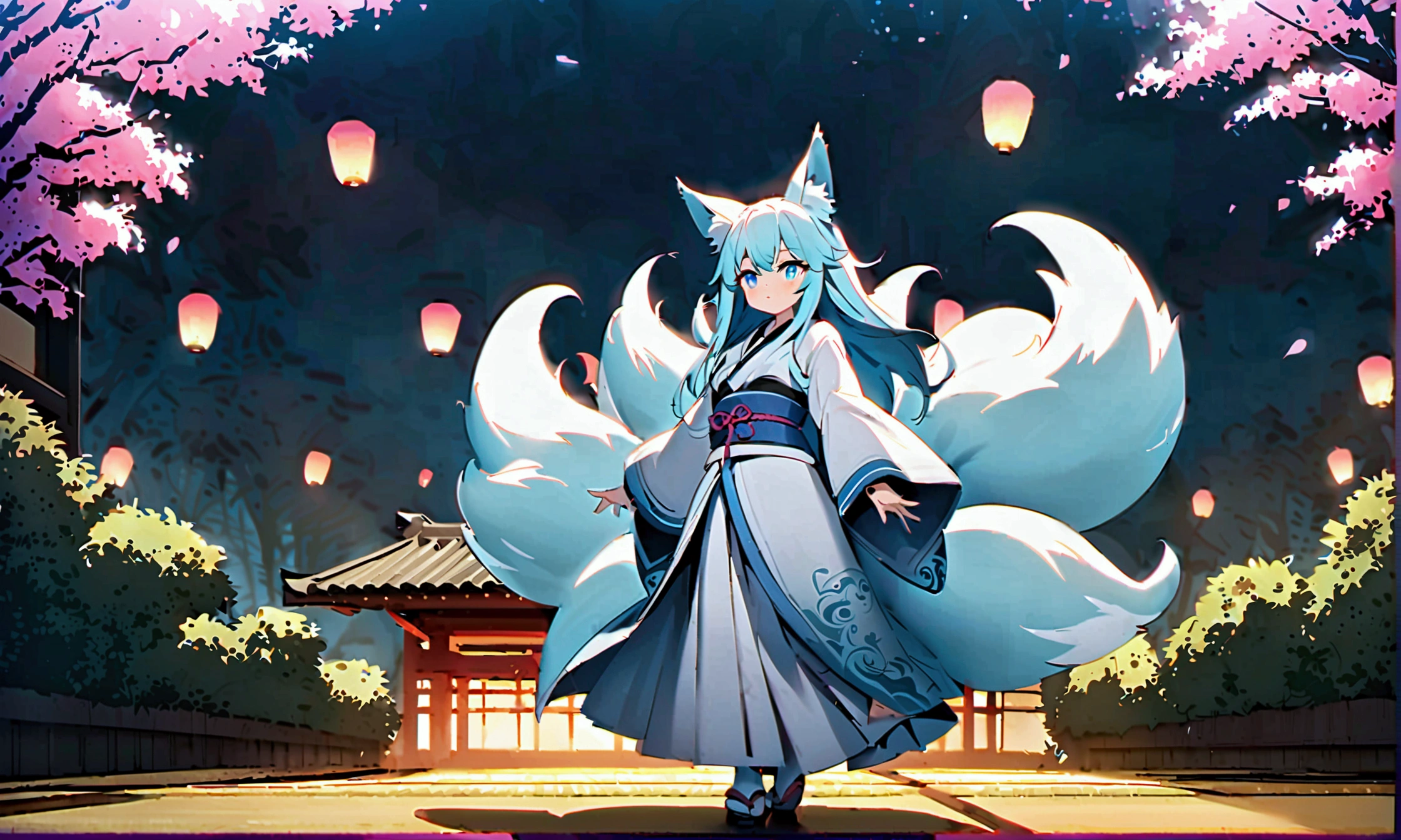fox Light blue hair 　beast girl　indigo fur　fox beast girl　fox Light blue hair 　beast girl　indigo fur　fox beast girl　Wallpaper 4k,8k,highly detailled,,vivid colors,detailed kitsune with 9 tails,traditional Japanese artwork,tatami floor,beautiful cherry blossoms,floating lanterns,dark silhouette of a pagoda,subtle moonlight,dense forest,ethereal atmosphere,dappled sunlight,whimsical spirit,serene expression,elaborate kimono and obi,delicate hand-painted details,luminous eyes　Anime Style　fox　blue　White-faced golden-haired nine-tailed fox　Coat blue　　fox Light blue hair 　beast girl　indigo fur　fox beast girl　Anime Style　fox　blue　White-faced golden-haired nine-tailed fox　Coat blue　　　mysterious background　Blue Flame　girl　have a ball of light　fox Light blue hair 　beast girl　indigo fur　fox beast girl　mysterious background　Blue Flame　girl　have a ball of light Anime Style　fox　blue　White-faced golden-haired nine-tailed fox　Coat blue　　　mysterious background　Blue Flame　girl　have a ball of light