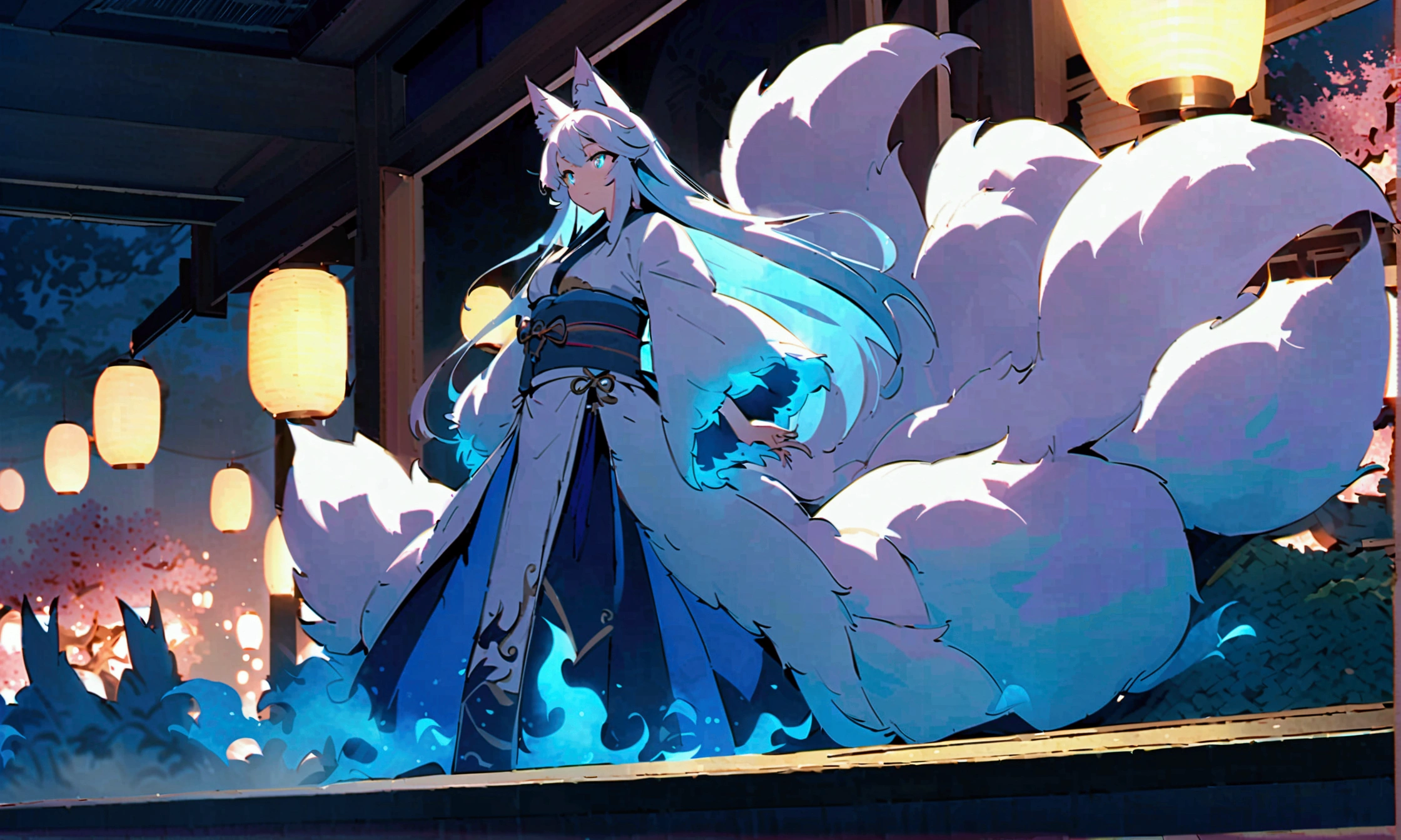 fox Light blue hair beast girl indigo fur fox beast girl fox Light blue hair beast girl indigo fur fox beast girl Wallpaper 4k,8k,highly detailled,,vivid colors,detailed kitsune with 9 tails,traditional Japanese artwork,tatami floor,beautiful cherry blossoms,floating lanterns,dark silhouette of a pagoda,subtle moonlight,dense forest,ethereal atmosphere,dappled sunlight,whimsical spirit,serene expression,elaborate kimono and obi,delicate hand-painted details,luminous eyes Anime Style fox blue White-faced golden-haired nine-tailed fox Coat blue fox Light blue hair beast girl indigo fur fox beast girl Anime Style fox blue White-faced golden-haired nine-tailed fox Coat blue mysterious background Blue Flame girl have a ball of light fox Light blue hair beast girl indigo fur fox beast girl mysterious background Blue Flame girl have a ball of light Anime Style fox blue White-faced golden-haired nine-tailed fox Coat blue mysterious background Blue Flame girl have a ball of light