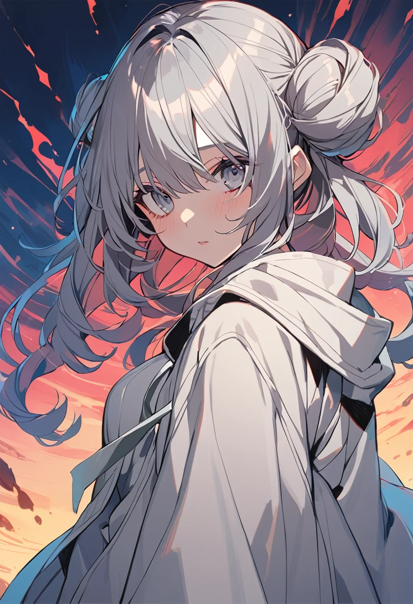 (((1 woman))), cute, Only, gray eyes, style novel, dash isekai anime, gray hair, hair with buns, Cola, (((hair covering the eyes))), , vivid colors, style novel, very detailed, yandere face, ghibli style,