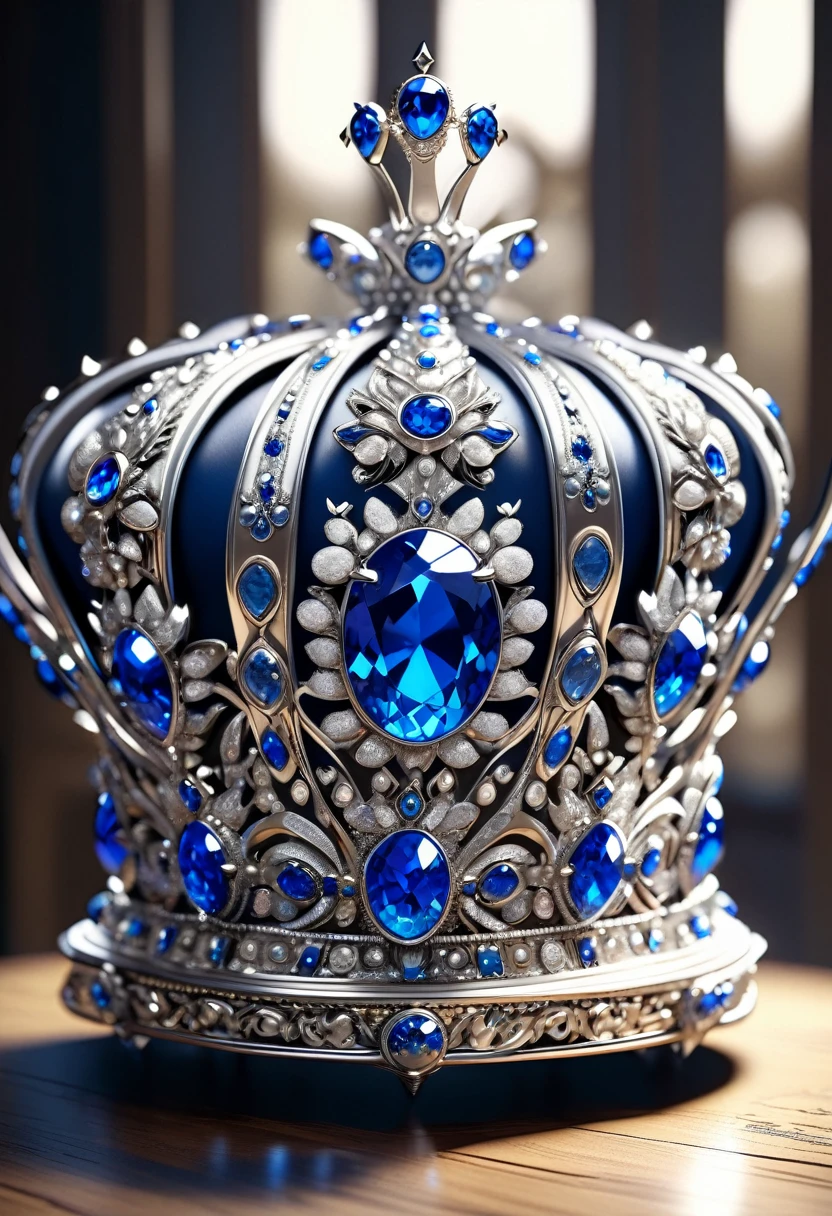 masterpiece, 8k, best quality, highly detailed, crown made of silver metal covered in shining blue uncut gemstones