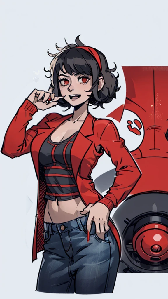 colettedef, sharp teeth, hair over one eye, hairband, blue shirt, long sleeves, red vest, pants,striped shirt, long sleeves, skirt, denim skirt, dsfutaba, nsfw, very big , very big ass, naked, vagina, legs spread open, mostrando os peitos