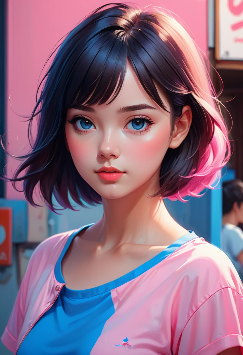 a closeup of a woman wearing a pink shirt and blue shorts, realistic painting cute girl, pink girl, beautiful digital painting, digital art Ilia Kuvshinov, Ilia Kuvshinov. 4k, beautiful digital painting, Bright digital painting, beautiful character painting, adorable digital painting, Digital Cartoon Painting Art, realistic digital painting, Portrait of the CGS society, cartoon digital painting