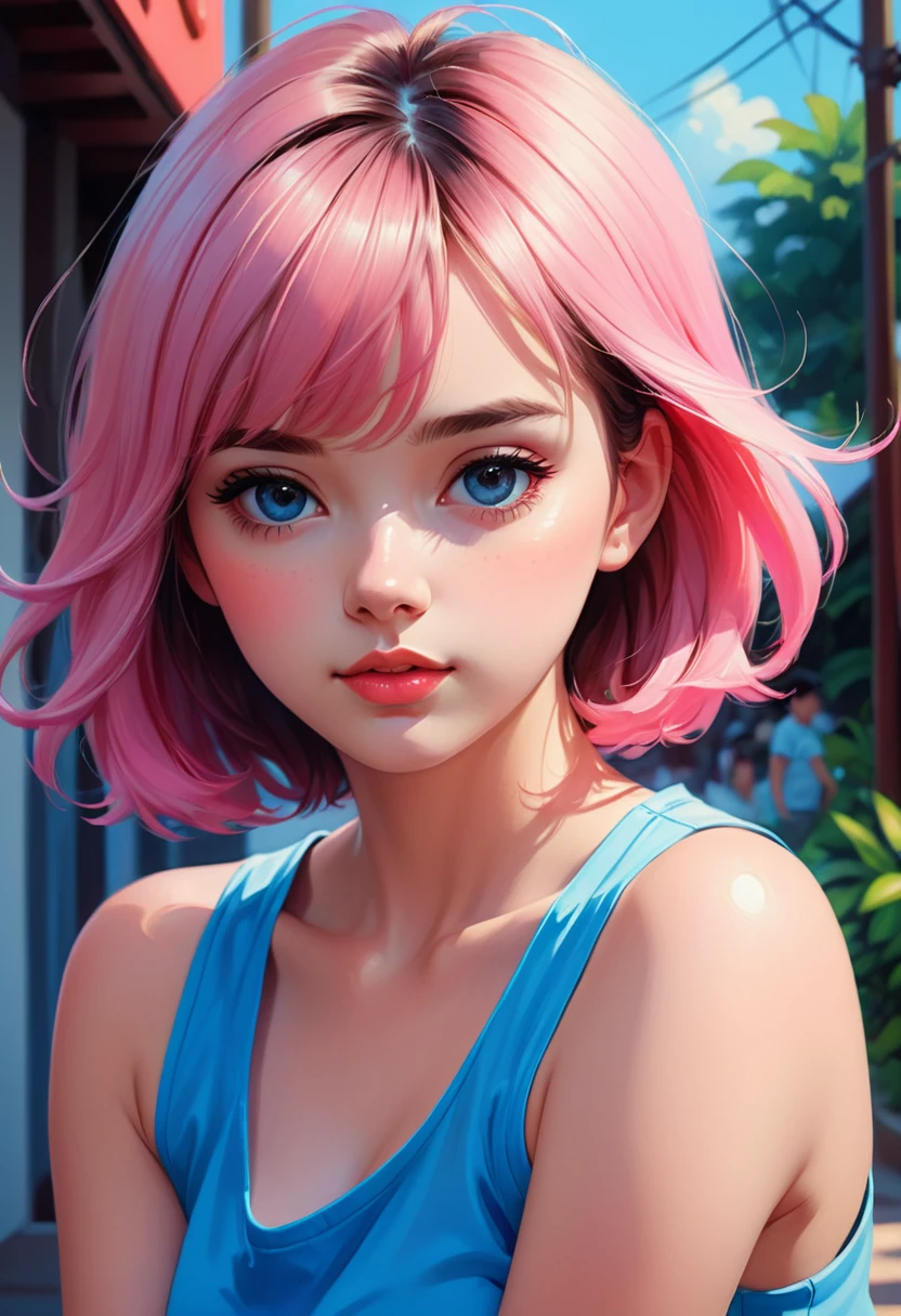 a closeup of a woman wearing a pink shirt and blue shorts, realistic painting cute girl, pink girl, beautiful digital painting, digital art Ilia Kuvshinov, Ilia Kuvshinov. 4k, beautiful digital painting, Bright digital painting, beautiful character painting, adorable digital painting, Digital Cartoon Painting Art, realistic digital painting, Portrait of the CGS society, cartoon digital painting