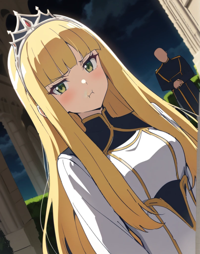 {{upper body, dutch angle}} {{Artist: Sincos}} 1 woman, 2 guards on either side restraining her, 2 men wearing armor, mature female, elegant, princess, medium breasts, straight hair, golden hair, long hair, hime cut, green eyes, white dress, gold trim, tiara, looking at viewer, pout, restrained by two men, faceless male, outdoors, garden, palace, cloudy, moonlight, window.