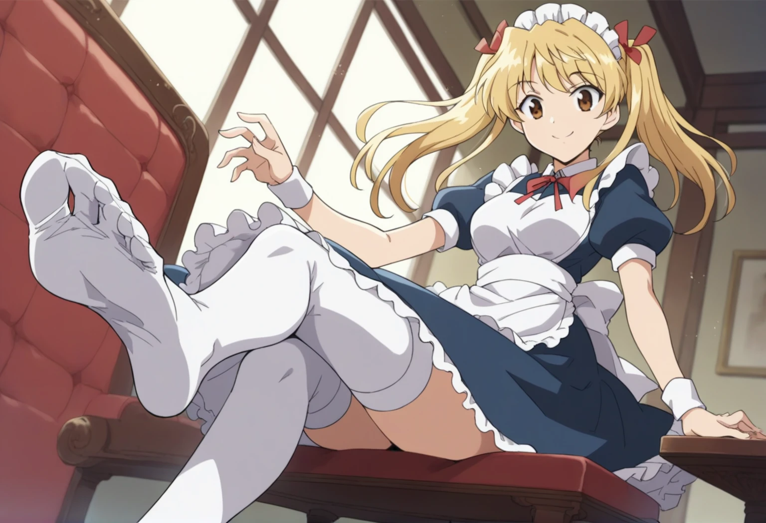 sawachika eri, twintail,sawachika eri, twintails, long hair, blonde hair, brown eyes, hair ribbon,smile, hair ribbon,, bob cut, smile, maid, blue dress, maid apron, maid headdress, red neck ribbon, puffy short sleeves, white wristband, white thighhighs, dutch angle, score_9, score_8_up, score_7_up, score_6_up, anime coloring,Seated pose, focus on soles of feet