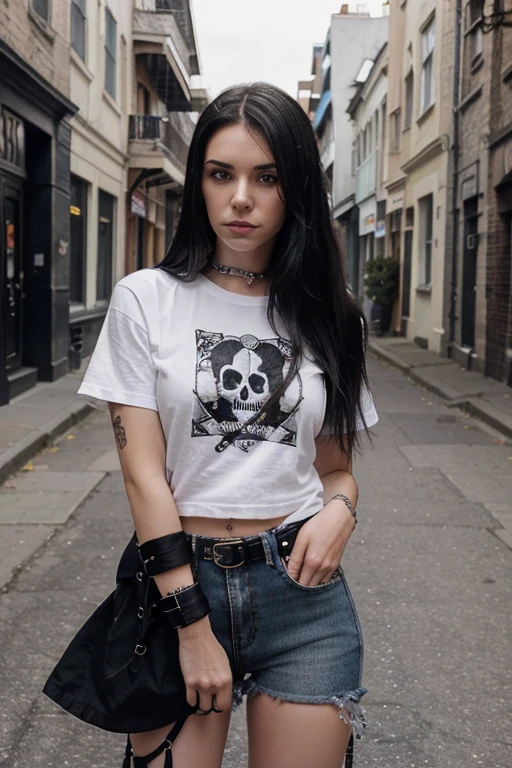 
Full-length portrait of a mysterious emo woman in her 20s. She is Canadian and very beautiful, with caucasian skin and long, straight, black hair. her eyes are light blue, with a penetrating and challenging look.She wears a typical emo outfit, a white t-shirt with a black skull figure, pink black checkered mini skir, high boots with silver straps.She is the lead singer of a heavy metal band. The photo is taken on the street, with a Victorian-style building in the background.