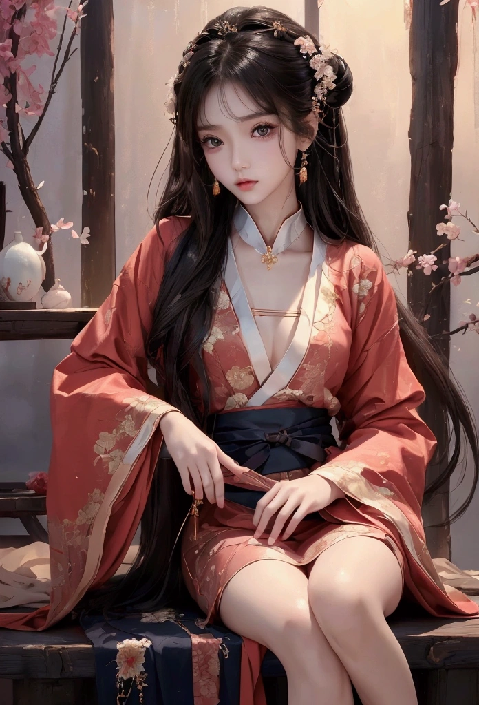 Best image quality、8K、masterpiece:1.3))、Realistic high-quality photos、Highest quality、 Beautiful face、Photos of slim models、Beautiful girl model、Young and pretty face、Beautiful model girl、A lovely and delicate face、Black Hair、Beautiful brown eyes、Young Body、Hanfu, (emphasize)、from the front、Camera gaze,、Anatomically correct、胸の谷間をemphasize、whole body、-yeld fee model