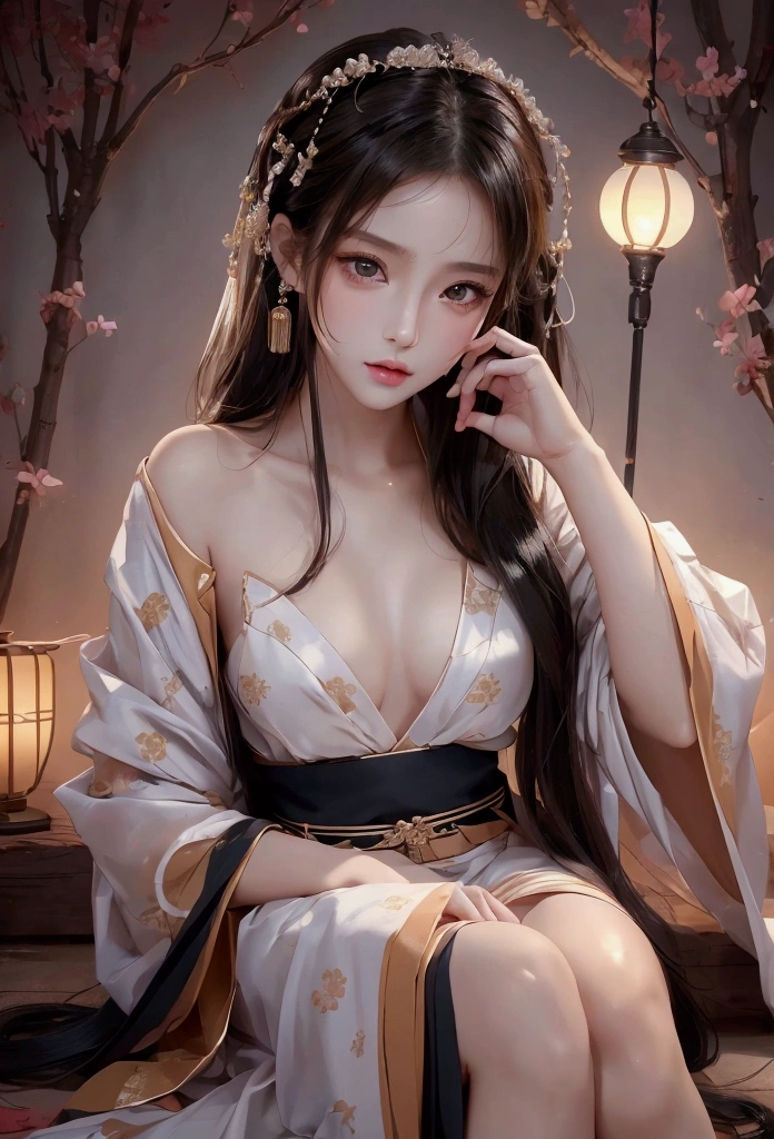 Best image quality、8K、masterpiece：1.3))、Realistic high-quality photos、Highest quality、 Beautiful face、Photos of slim models、Beautiful girl model、Young and pretty face、Beautiful model girl、A lovely and delicate face、Black Hair、Beautiful brown eyes、Young Body、Hanfu, (emphasize)、from the front、Camera gaze,、Anatomically correct、胸の谷間をemphasize、whole body、13-year-old female model
