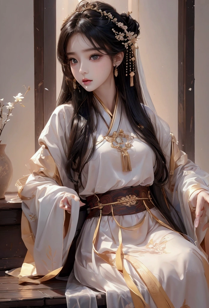 Best image quality、8K、masterpiece:1.3))、Realistic high-quality photos、Highest quality、 Beautiful face、Photos of slim models、Beautiful girl model、Young and pretty face、Beautiful model girl、A lovely and delicate face、Black Hair、Beautiful brown eyes、Young Body、Hanfu, (emphasize)、from the front、Camera gaze,、Anatomically correct、胸の谷間をemphasize、whole body、13-year-old female model