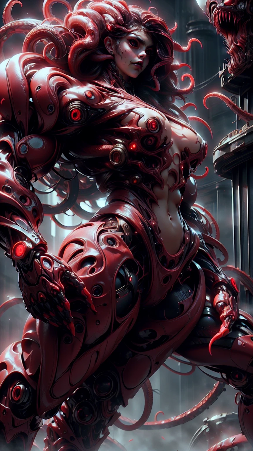 (beautiful girl:1.25), (megan fox:1.25), (young bodybuilder girl wearing cybernetic muscle suit:1.25), (medusa head with tentacles:1.25), carnage muscular physique, seductive face, mouth wide open carnage style, long red hair, perfect muscular body, super skinny legs, sissy, femboy, (carnage style physique)