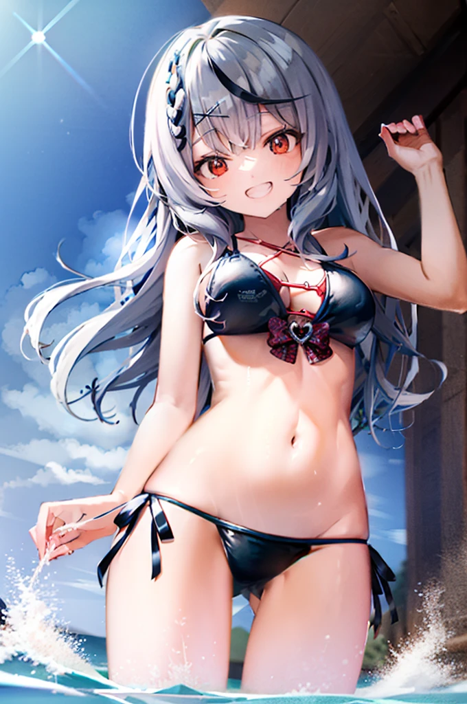 Swimwear、Concept Art、masterpiece、Shy laugh、high resolution、Playing in the sea、Shooting from below、Pour water on、Shooting at a dynamic angle