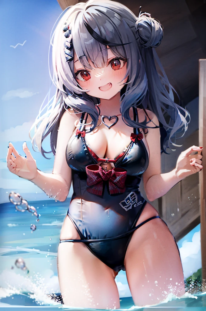 Swimwear、Concept Art、masterpiece、Shy laugh、high resolution、Playing in the sea、Shooting from below、Pour water on、Shooting at a dynamic angle