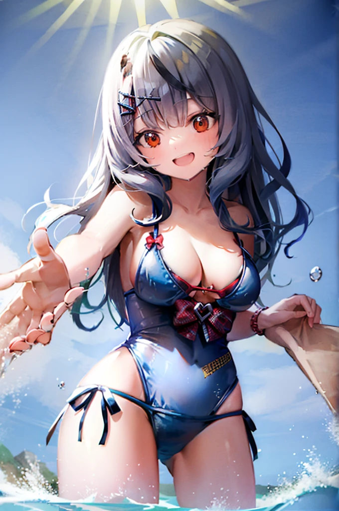 Swimwear、Concept Art、masterpiece、Shy laugh、high resolution、Playing in the sea、Shooting from below、Pour water on、Shooting at a dynamic angle