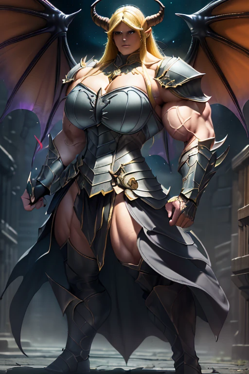 ((Massive beautiful, buff, light brown skinned muscular dark paladin woman with yellow hair, giant demon wings, black lipstick, ginormous bulky muscles, carrying a giant sword and wearing full black demonic paladin knight armored with a long tiered skirt)), (close view), large breast, massive muscles, massive biceps, hyper muscle shoulders, (giant demon wings), hyper muscle triceps, (long flowing hair), gray eyes, (demon Paladin boots), (demon armor), (long tiered skirt), breastplate, (demonic gauntlets), (Shoulder armor), closed smile, (in a fire hellish castle), (Dark and moody universe:1.3), Vascular arms, hyper muscles arms, hyper muscle legs, massive buff arms.