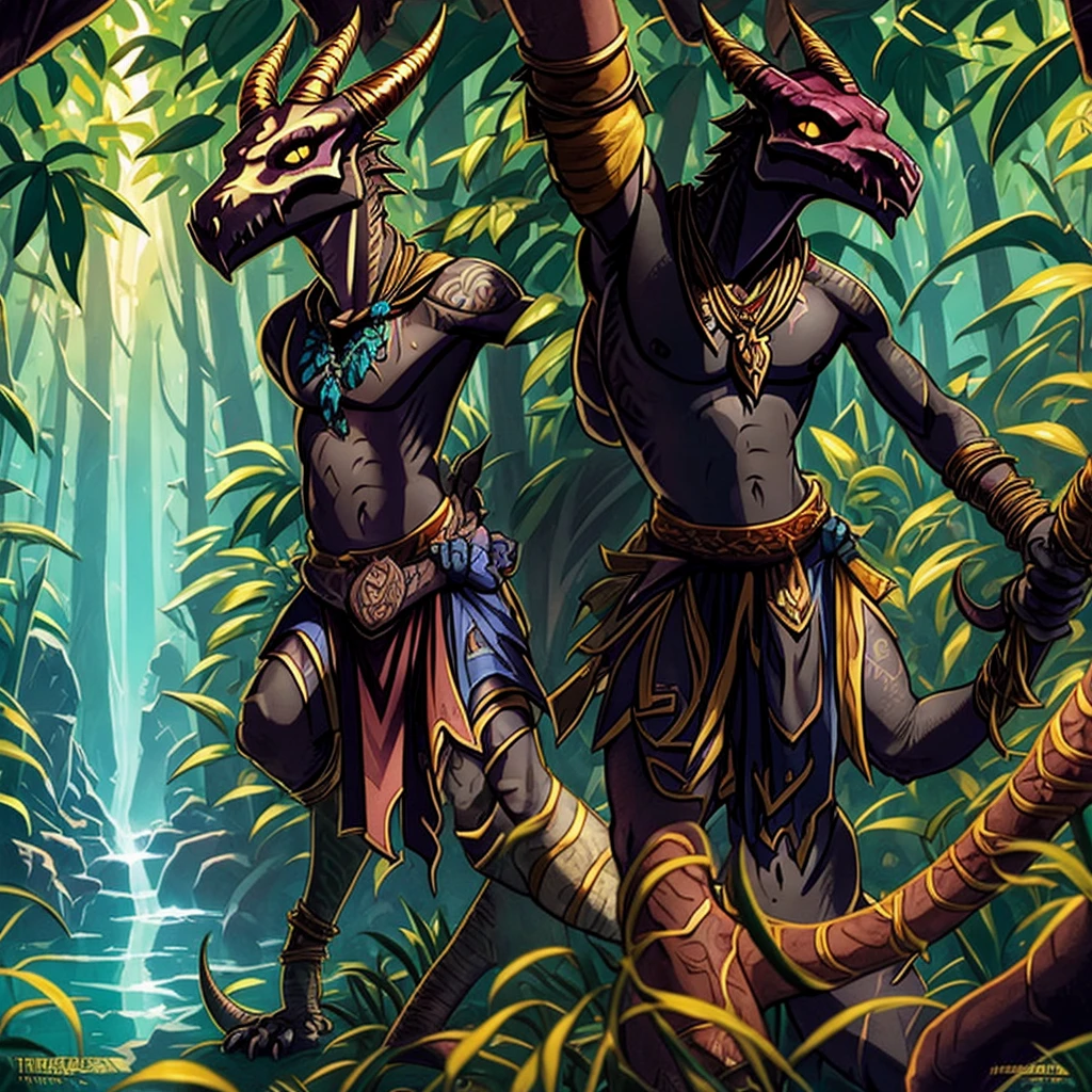 Kobold, scalie, solo, black skin, anthro, male, kobold male, men, flat chested, flat breasts, horns, tribal tattoos, womb tattoo, tail, kobold tail, Tribal clothes, Penetrating gaze, Magic staff with animal skull ornament, cuff gold, neck cuff very thick, in a jungle mangrove, slime loincloth, Warlock Kobold, Crotch bulge,