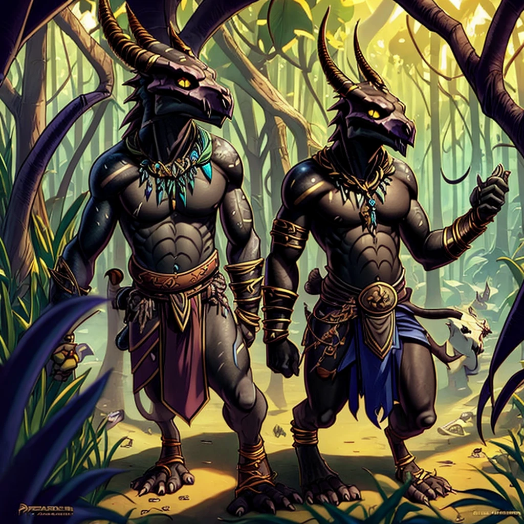 Kobold, scalie, solo, black skin, anthro, male, kobold male, men, flat chested, flat breasts, horns, tribal tattoos, womb tattoo, tail, kobold tail, Tribal clothes, Penetrating gaze, Magic staff with animal skull ornament, cuff gold, neck cuff very thick, in a jungle mangrove, slime loincloth, Warlock Kobold, Crotch bulge,