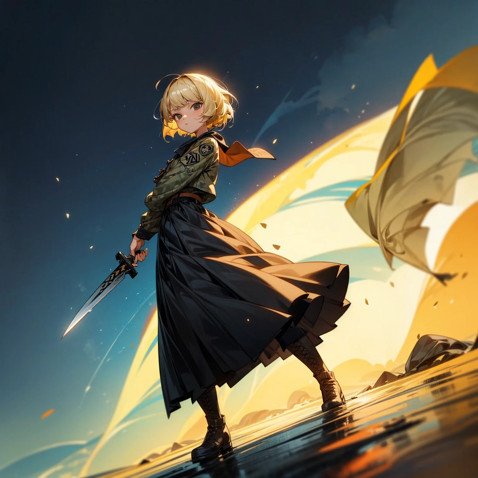 1girl, Full body version, 1character, girl version, black eyes color, bob Curly haircut, blonde colour hair, army style clothing, long skirt, long boots, knife in hand, Grassroots, background in beach, motion blur, (one piece style art), standing gesture, (high angle view)