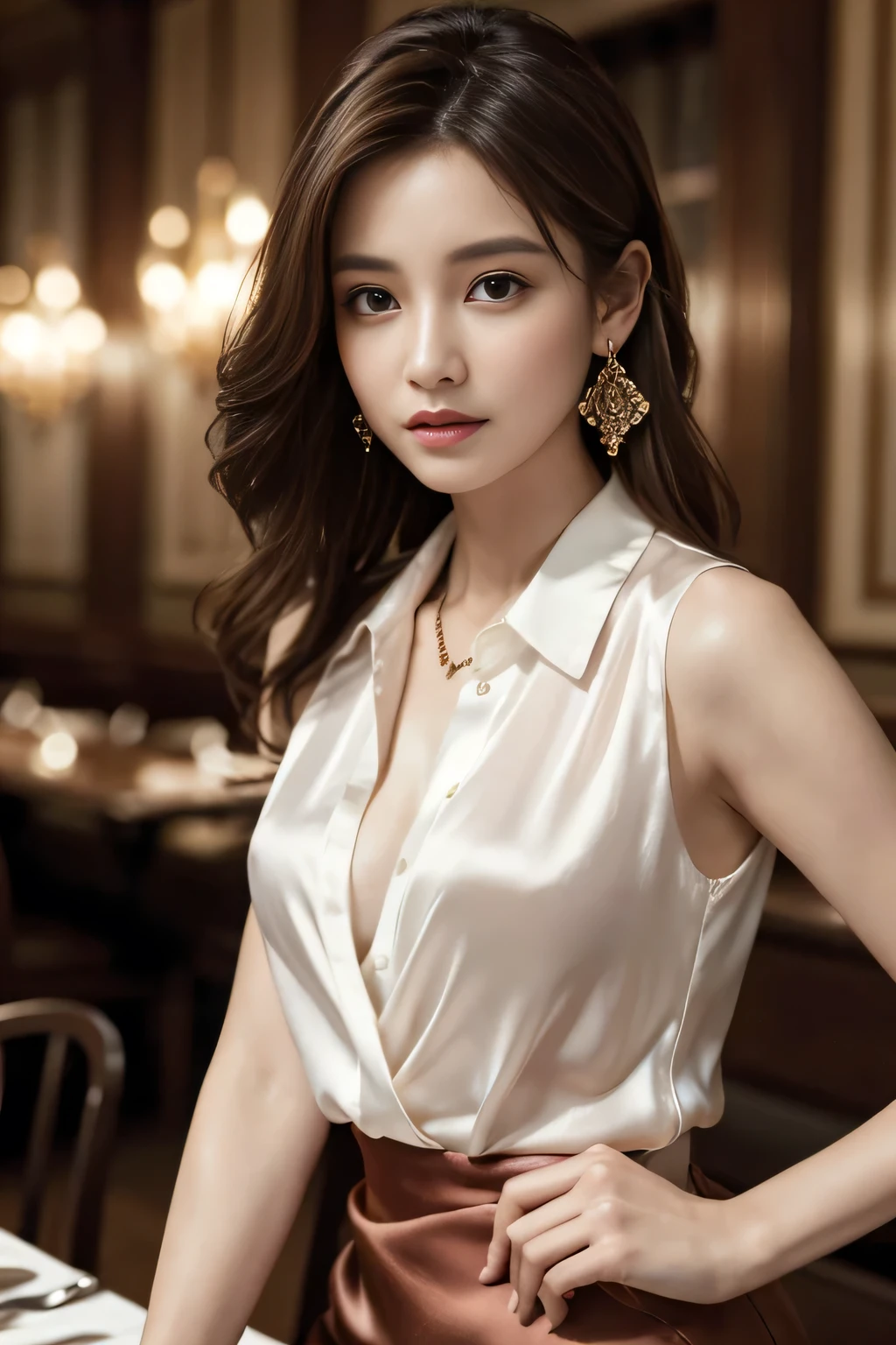 masterpiece, Highest quality, Realistic, Very detailed, Finer details, High resolution, 8k wallpaper, One beautiful woman, Wear an elegant silk shirt, In a great restaurant, At night, Light brown messy hair, Perfect dynamic composition, Beautiful and beautiful eyes、Big earrings、chest、Sleeveless shirt、