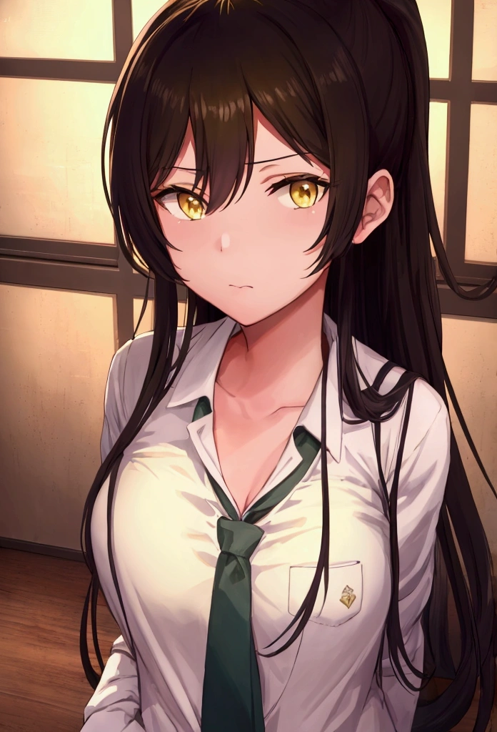 Sakurai Rase, sakuya shirase, Black Hair, Hair between the eyes, Long Hair, ponytail, (Yellow Eyes:1.5),
break collarbone, green tie, green skirt, tie, Open collar, Plaid, Plaid skirt, pleated skirt, , shirt, skirt, white shirt,
break looking at viewer, whole body,
break indoors, classroom,
break (masterpiece:1.2), Highest quality, High resolution, unity 8k wallpaper, (shape:0.8), (Beautiful attention to detail:1.6), Highly detailed face, Perfect lighting, Extremely detailed CG, (Perfect hands, Perfect Anatomy),