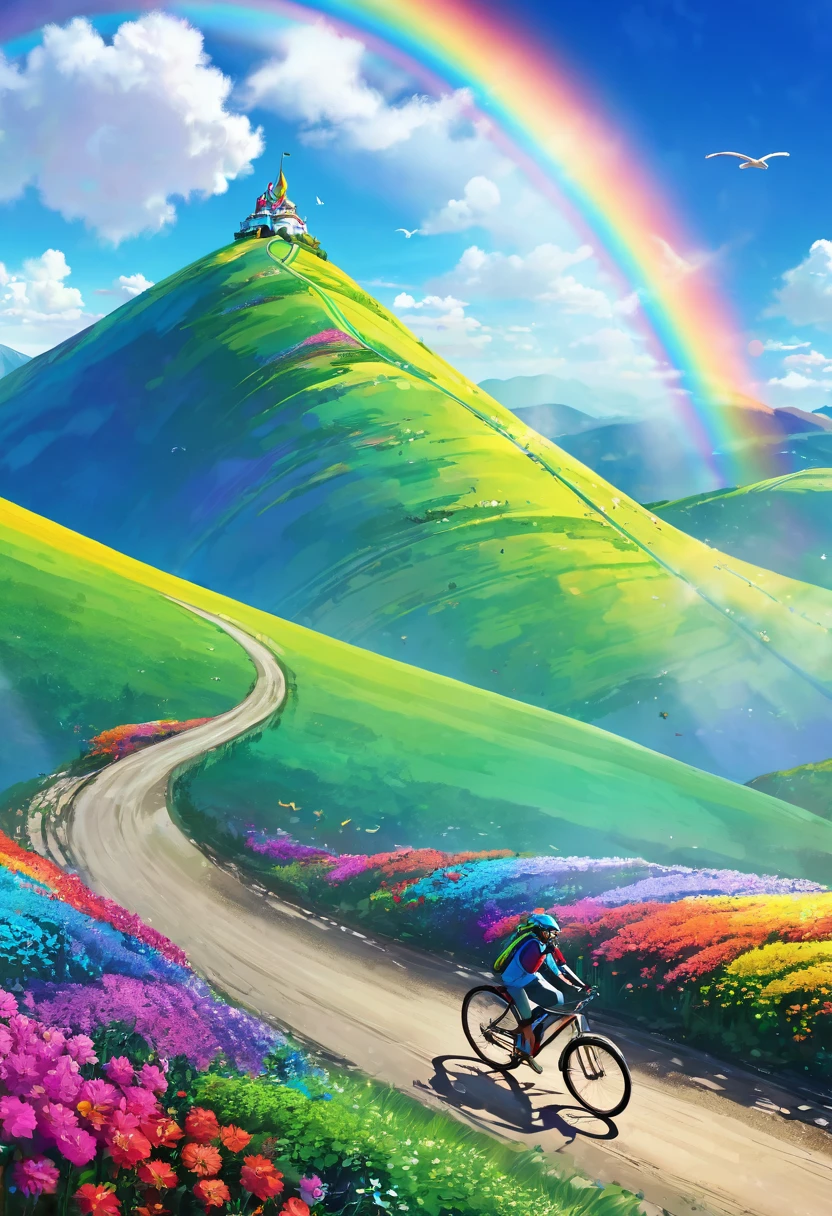 Rainbow colored bicycle、A bicycle running down a rainbow-colored hill，colorful，beautiful flower，wonderful景色，Utopia，An atmosphere full of dreams and hope，masterpiece．16K, Ultra-high resolution, Ultra-high resolution, to be born,wonderful ,future、Iridescent、The world 30 years from now。