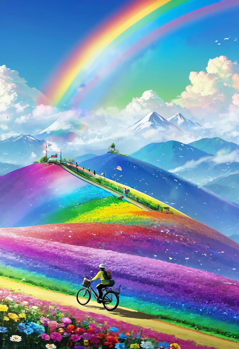Rainbow colored bicycle、A bicycle running down a rainbow-colored hill,colorful,beautiful flower,wonderful景色,Utopia,An atmosphere full of dreams and hope,masterpiece.16K, Ultra-high resolution, Ultra-high resolution, to be born,wonderful ,future、Iridescent、The world 30 years from now。