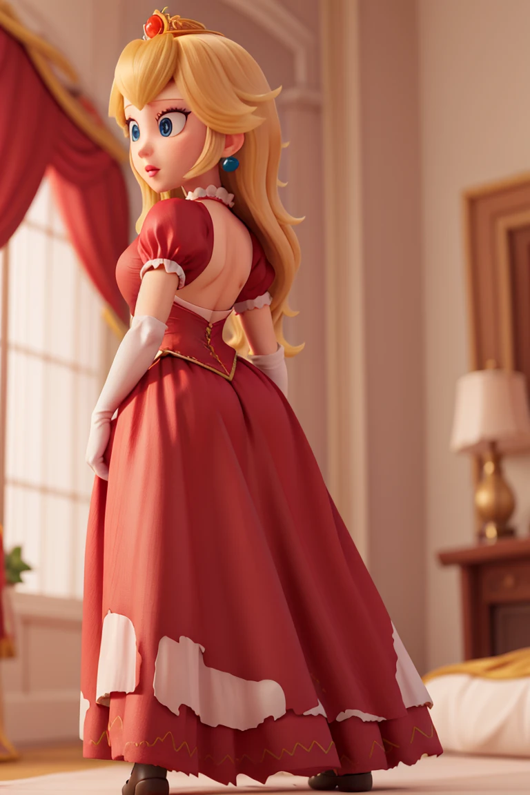 High quality detailed textures,Princesa peach,saia longa sexly, top cut, breasts big, deep neckline, Red clothing, sexly,  sutiã sexly , torn skirt, from behind, bunda sexly