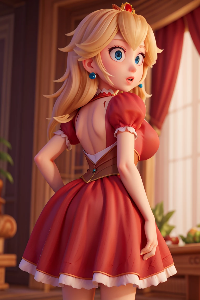 High quality detailed textures,Princesa peach,saia longa sexly, top cut, breasts big, deep neckline, Red clothing, sexly,  sutiã sexly , torn skirt, from behind, bunda sexly