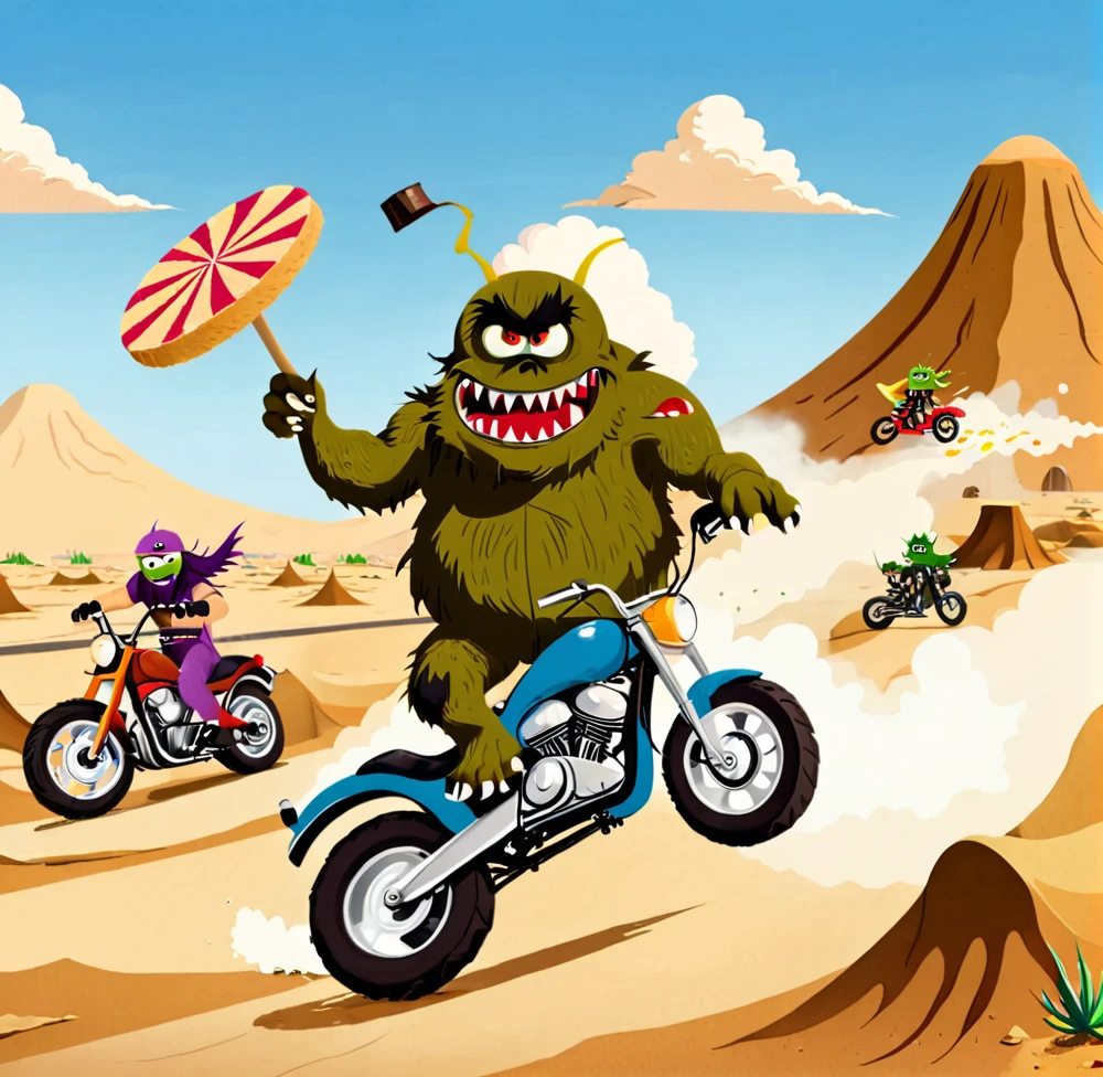 Maple Wafers Monster, riding Motorcycle with Biggest Wheel, Bomb on Sky, Desert 