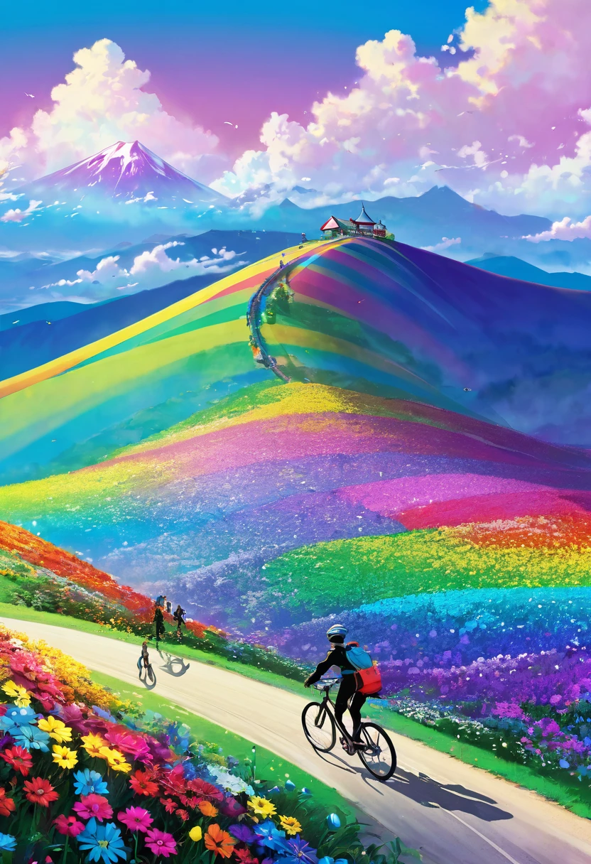 Rainbow colored bicycle、A bicycle running down a rainbow-colored hill,colorful,beautiful flower,wonderful景色,Utopia,An atmosphere full of dreams and hope,masterpiece.16K, Ultra-high resolution, Ultra-high resolution, to be born,wonderful ,future、Iridescent、The world 30 years from now。