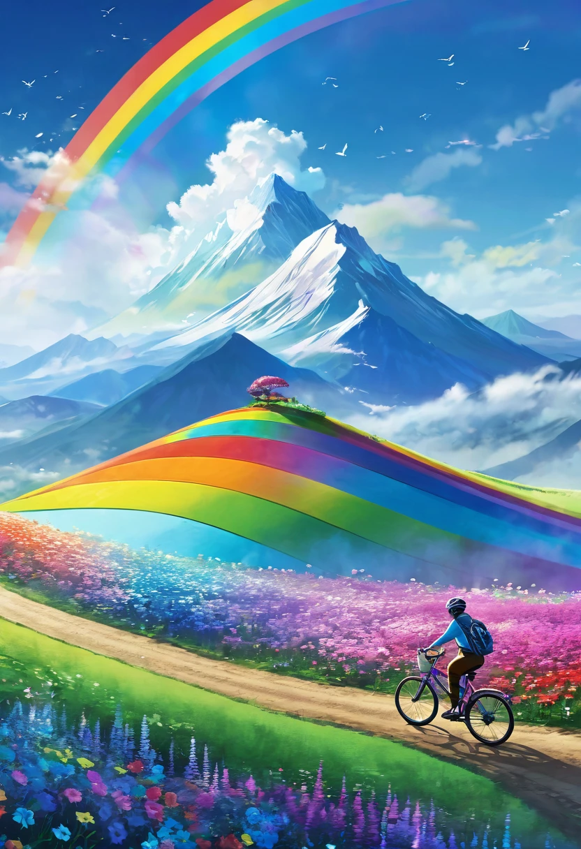 Rainbow colored bicycle、A bicycle running down a rainbow-colored hill，colorful，beautiful flower，wonderful景色，Utopia，An atmosphere full of dreams and hope，masterpiece．16K, Ultra-high resolution, Ultra-high resolution, to be born,wonderful ,future、Iridescent、The world 30 years from now。