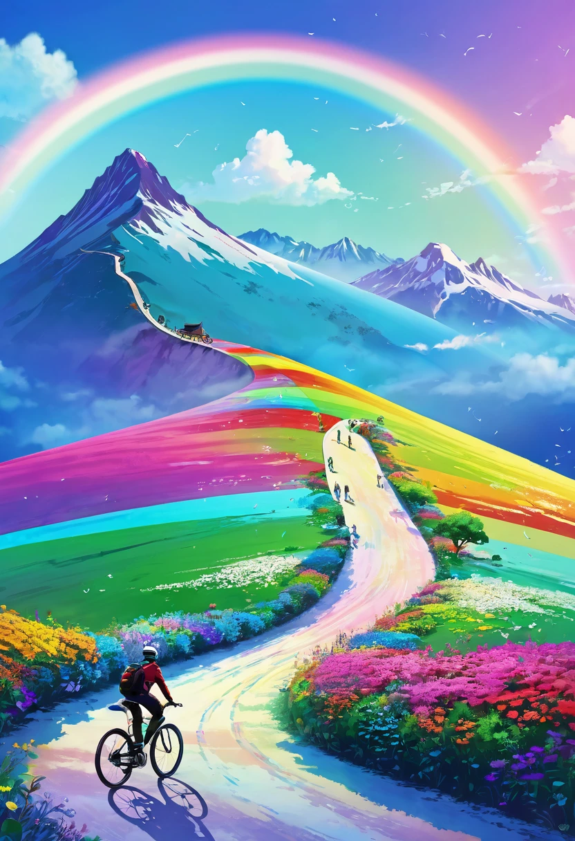 Rainbow colored bicycle、A bicycle running down a rainbow-colored hill,colorful,beautiful flower,wonderful景色,Utopia,An atmosphere full of dreams and hope,masterpiece.16K, Ultra-high resolution, Ultra-high resolution, to be born,wonderful ,future、Iridescent、The world 30 years from now。