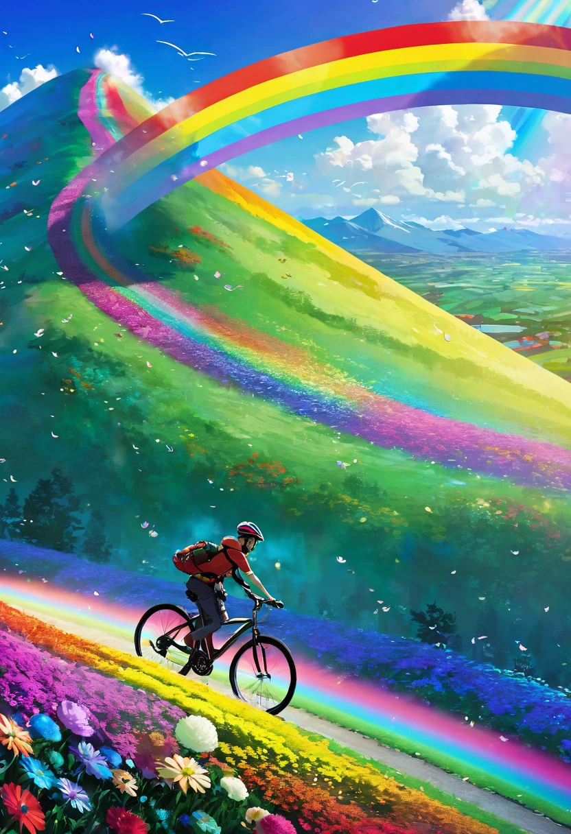 Rainbow colored bicycle、A bicycle running down a rainbow-colored hill，colorful，beautiful flower，wonderful景色，Utopia，An atmosphere full of dreams and hope，masterpiece．16K, Ultra-high resolution, Ultra-high resolution, to be born,wonderful ,future、Iridescent、The world 30 years from now。