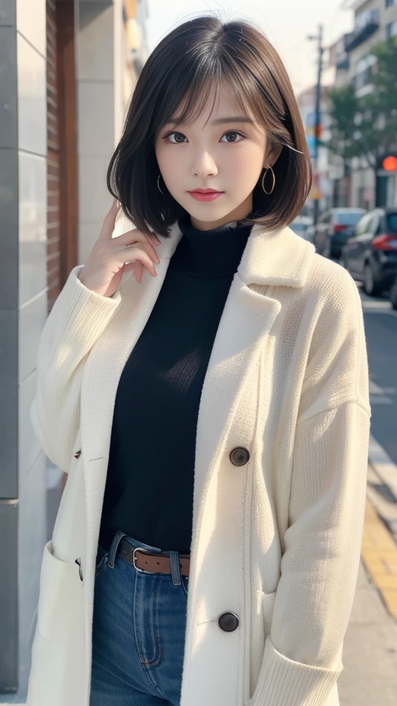 (8K, original photo, Top quality, masterpiece: 1.2), Extremely detailed, Super Resolution, (real, real photos: 1.37), portrait, High-resolution RAW color photos, Professional photos, Very detailed和漂亮, Very detailed, 8K wallpapers, Stunning details, Huge file size, Official Art, Very detailed CG Unity 8K wallpapers, Very detailed beautiful girls, Very detailed faces, Very detailed eyes, Very delicate skin, Very detailed的手指, Very detailed的鼻子, Very detailed的嘴巴, Perfect anatomical structure, Detailed background, Detailed clothes, A girl, (20:1.2), 20 seconds, Lovely Girl, Realistic body, , White skin, Radiant Skin, slim, Black Hair, short hair, (Bangs: 1.2), Lovely, young, Pretty Face, Realistic face, Exquisite eyes, Sales Eyes, ( (Fashionable winter clothes)), ((up)), ((((short hair)))), earrings, Looking at the camera, Cowboy shooting, Facing forward, Standing, Contrasting, Dynamic Lighting, C cup breasts,