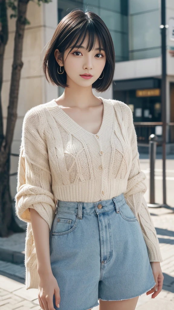 (8K, original photo, Top quality, masterpiece: 1.2), Extremely detailed, Super Resolution, (real, real photos: 1.37), portrait, High-resolution RAW color photos, Professional photos, Very detailed和漂亮, Very detailed, 8K wallpapers, Stunning details, Huge file size, Official Art, Very detailed CG Unity 8K wallpapers, Very detailed beautiful girls, Very detailed faces, Very detailed eyes, Very delicate skin, Very detailed的手指, Very detailed的鼻子, Very detailed的嘴巴, Perfect anatomical structure, Detailed background, Detailed clothes, A girl, (20:1.2), 20 seconds, Lovely Girl, Realistic body, , White skin, Radiant Skin, slim, Black Hair, short hair, (Bangs: 1.2), Lovely, young, Pretty Face, Realistic face, Exquisite eyes, Sales Eyes, ( (Fashionable winter clothes)), ((up)), ((((short hair)))), earrings, Looking at the camera, Cowboy shooting, Facing forward, Standing, Contrasting, Dynamic Lighting, C cup breasts,