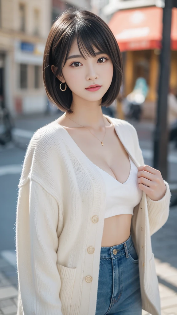 (8K, original photo, Top quality, masterpiece: 1.2), Extremely detailed, Super Resolution, (real, real photos: 1.37), portrait, High-resolution RAW color photos, Professional photos, Very detailed和漂亮, Very detailed, 8K wallpapers, Stunning details, Huge file size, Official Art, Very detailed CG Unity 8K wallpapers, Very detailed beautiful girls, Very detailed faces, Very detailed eyes, Very delicate skin, Very detailed的手指, Very detailed的鼻子, Very detailed的嘴巴, Perfect anatomical structure, Detailed background, Detailed clothes, A girl, (20:1.2), 20 seconds, Lovely Girl, Realistic body, , White skin, Radiant Skin, slim, Black Hair, short hair, (Bangs: 1.2), Lovely, young, Pretty Face, Realistic face, Exquisite eyes, Sales Eyes, ( (Fashionable winter clothes)), ((up)), ((((short hair)))), earrings, Looking at the camera, Cowboy shooting, Facing forward, Standing, Contrasting, Dynamic Lighting, C cup breasts,