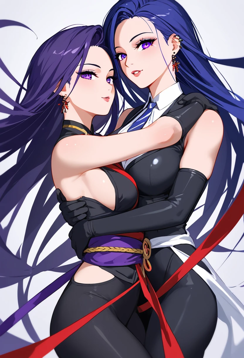 (masterpiece, intricate details, ultra high resolution) Psylocke from Marvel, depicted in an exquisitely detailed and sensual image. She is wearing a sleek black bodysuit paired with black leggings, perfectly hugging her athletic and toned figure. A purple fabric sash is elegantly tied around her waist, adding a striking contrast to her dark attire. Her pose is both powerful and alluring, exuding confidence and grace. The background is subtle and understated, keeping the focus entirely on Psylocke. Her striking features, including her piercing eyes and flowing hair, are highlighted with meticulous detail. The overall composition emphasizes high quality and sophistication, capturing the essence of Psylocke in a visually captivating manner.
