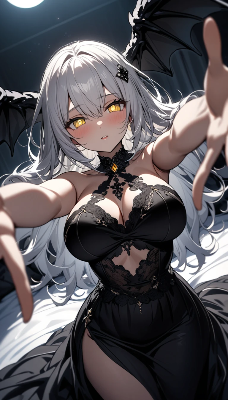 A woman, flowing white hair, melancholy eyes, yellow pupils, black diamond-shaped hairpin, tattered black dragon wings sprouting from her back, moonlight, arms up, incoming hug, pov, reaching, reaching towards viewer, looking at viewer, cowboy shot, dutch angle, lying down, a big fluffy and soft black silk bed, Luxurious and luxurious bed, big tits,