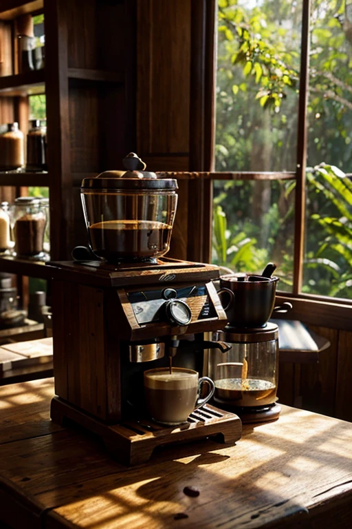 On the old wooden table , Latte art coffee cup , coffee bean roasting machine , There are coffee beans falling on the table. ,In the coffee tree orchard , There is sunlight shining in a beam of light. , There is a jar of coffee beans on the display case at the back.