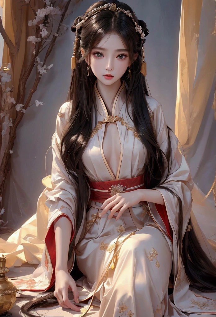 Best image quality、8K、masterpiece:1.3))、Realistic high-quality photos、Highest quality、 Beautiful face、Photos of slim models、Beautiful girl model、Young and pretty face、Beautiful model girl、A lovely and delicate face、Black Hair、Beautiful brown eyes、Young Body、Hanfu, (emphasize)、from the front、Camera gaze,、Anatomically correct、胸の谷間をemphasize、whole body、-yeld fee model