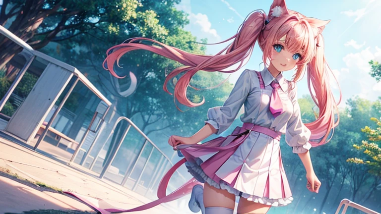 Full body female anime character is standing , vtuber model, character model, no backround, white background, girl with blue eyes, cute anime girl with pink hair and white shirt and purple tie and tight short white skirt, , holo is a cat girl, very beautiful anime cat girl, anime catgirl, cute anime catgirl, white cat girl, holo if a wolf girl, pink twintail hair and cyan eyes, beautiful anime catgirl, nekomimi, nyaruko-san, (anime girl)
