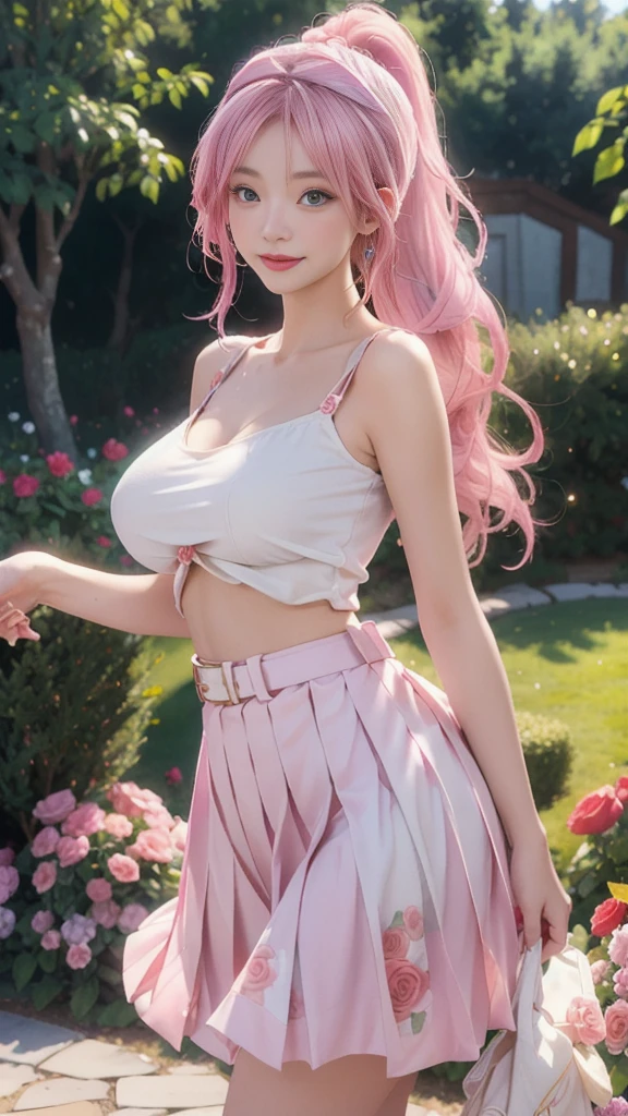 Realistically, high resolution, Soft Lighting,,(1 female 1:1.5), Huge breasts,Radiant skin, Delicate skin, Solitary, Lift your hips slightly, Just looking at the audience, Laugh happily,(Delicate face), White hair, High Ponytail,Pink hair accessories,Long white hair,blue eyes, Transparent tulle headband,The clothes are transparent,(Pleated Skirt),belt,The background is the garden(Full of colorful roses),front,Random Angle,