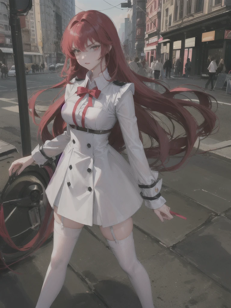 A handsome girl with a princess cut, bright red hair, a white shirt, and a proud chest covered tightly. Leg rings, black stockings, and high heels are all in the picture. Standing on the brightly lit street, pedestrians come and go, and some angry expressions on their hands. Night, night background, night