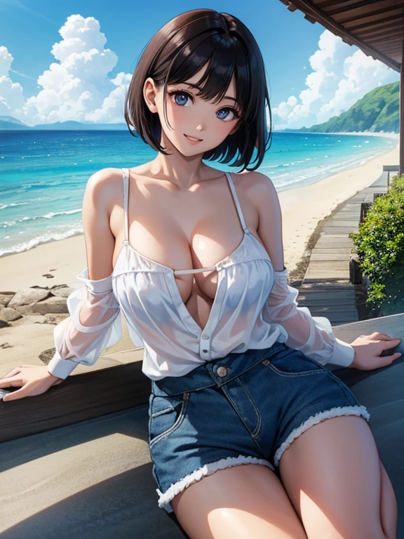 (Highest quality、masterpiece、High resolution、8K)、Vibrant colors、Young and beautiful woman 1、whole body、Brown and black short bob、barefoot、(Detailed face、Beautiful Eyes、Beautiful nose、Pretty lips)、Ample beautiful breasts、Beautiful cleavage、White shirt and shorts、Running on the beach、A refreshing smile、Official Art、The background is the sea、blue sky、White waves and wide sandy beach、Wide forest、White Entrance Cloud、(Depth of written boundary:1.5)、