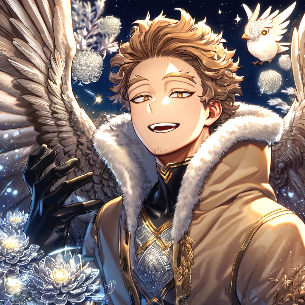 absurdres, highres, ultra detailed, HDR, master piece, best quality, extremely detailed, Hawks, ash-brown hair, expressive golden brown eyes, faint stubble, Boku No Hero Academia, solo, sexy man, handsome, smile, brown coat with fur, black tight shirt, black gloves, fantasy, water, sparkling, silver glittering fireflies, silver moon, silver blossoms, silver chrysanthemums, silver sparkling lights, starry sky, magical
