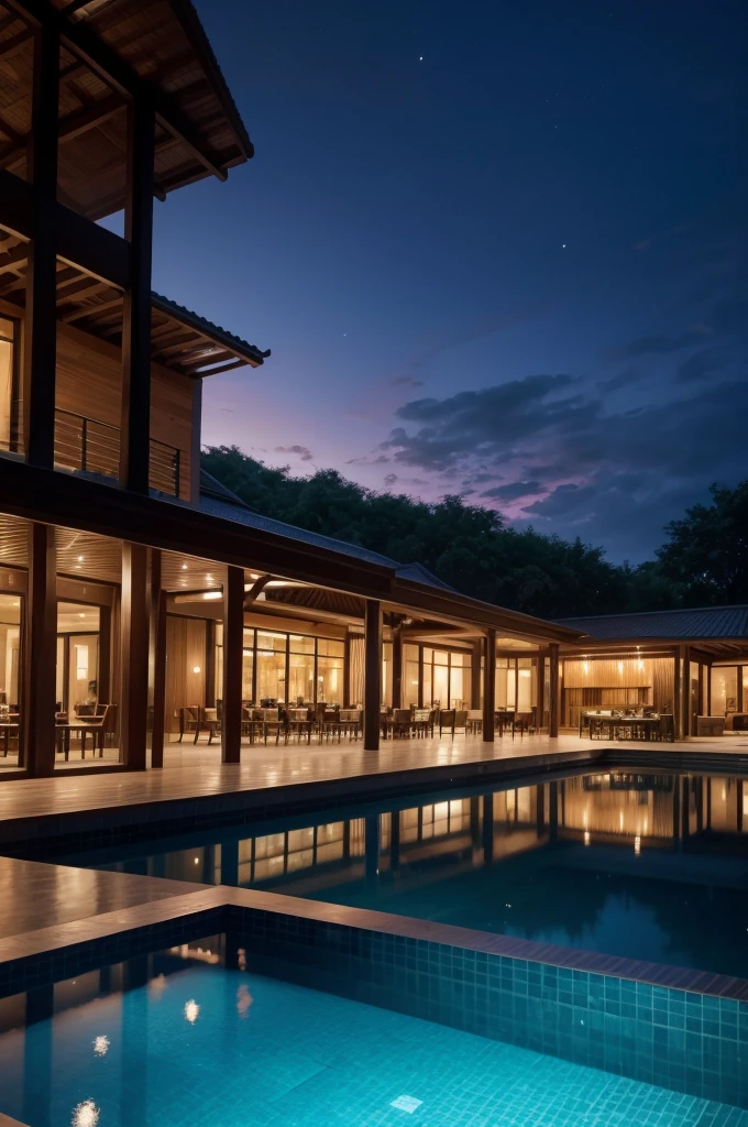 Resort with Zaha Hadid style restaurant with wood and metal texture, hotel with infinity pool, twilight with farm sunset in high quality, cattle farm, 8k UHD