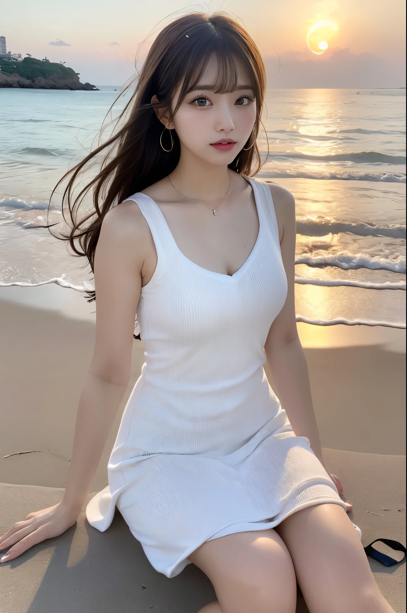 1 Girl,seaside,Soft Light,Chinese Beauty,Suspender dress