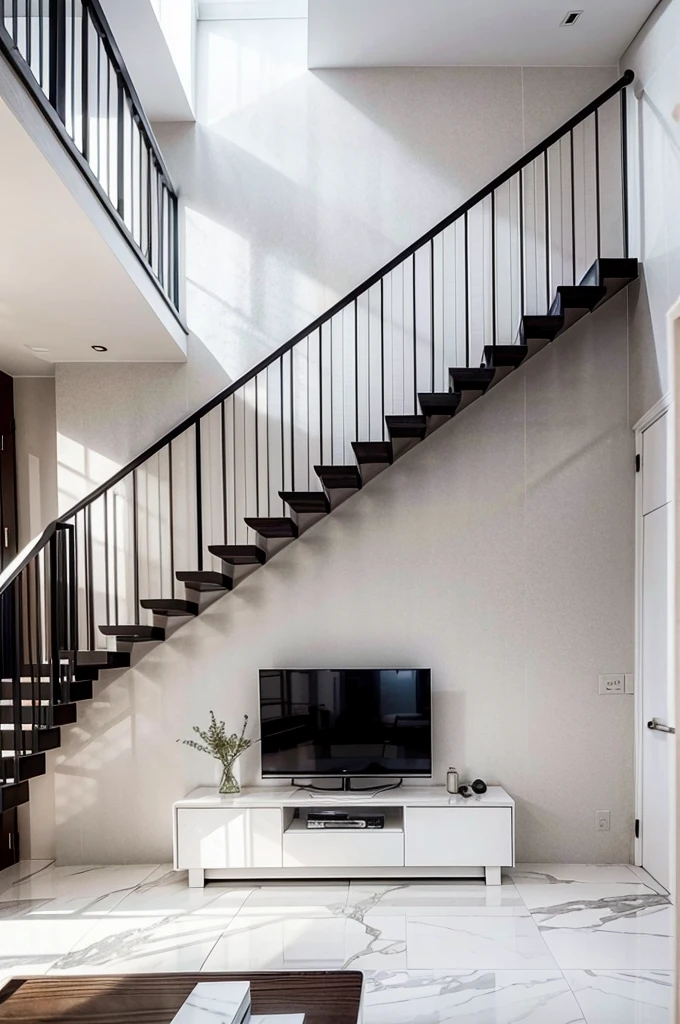 livingroom, white marble floor slatted television panel, gray walls, staircase with white marble floor beige sofa