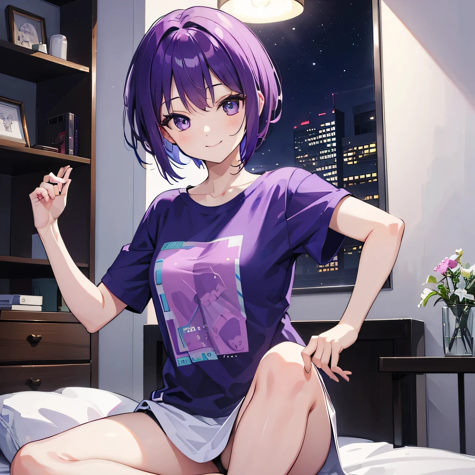 (T Masterpiece，4k wallpaper，Best Quality))、((girl１people))、(solo)、Bright and Brilliant，(Purple Hair)、(short hair:1.3)、smile、Bedroom、T-Shirts、night
