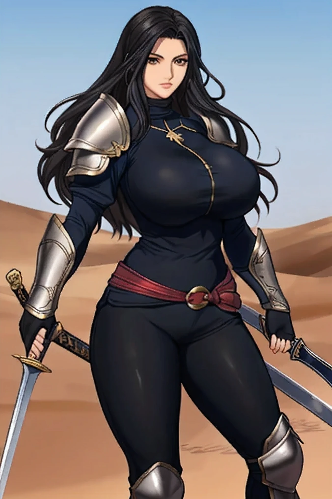 voluminous hair, big hair, big breasts, swordswoman,(fully clothed skintight), (black armor), Arab woman , standing in an open battlefield holding sword