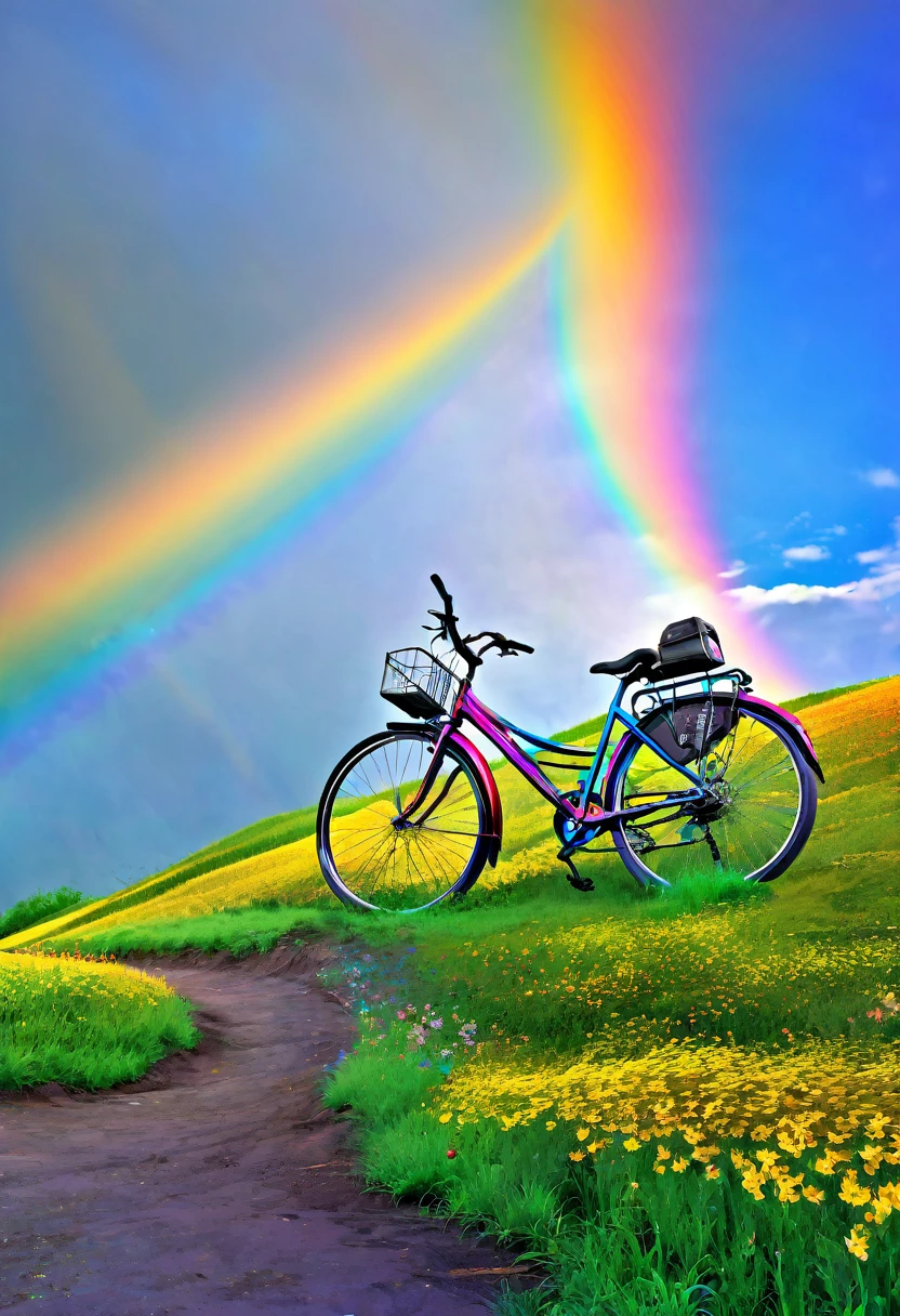 Rainbow colored bicycle、A bicycle running down a rainbow-colored hill，colorful，beautiful flower，wonderful景色，Utopia，An atmosphere full of dreams and hope，masterpiece．16K, Ultra-high resolution, Ultra-high resolution, to be born,wonderful ,future、Iridescent、The world 30 years from now。